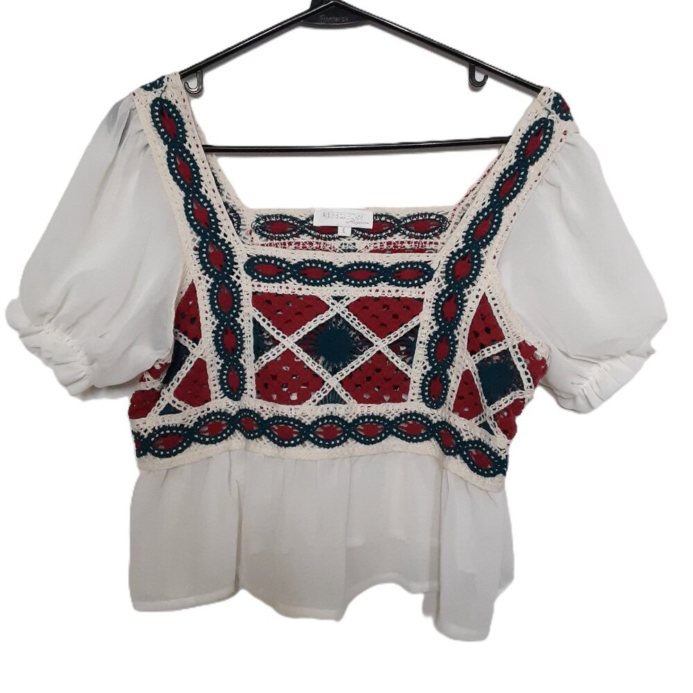 Rebellion Again Juniors Top Size Large Crochet Square Neck Ruffle Lightweight